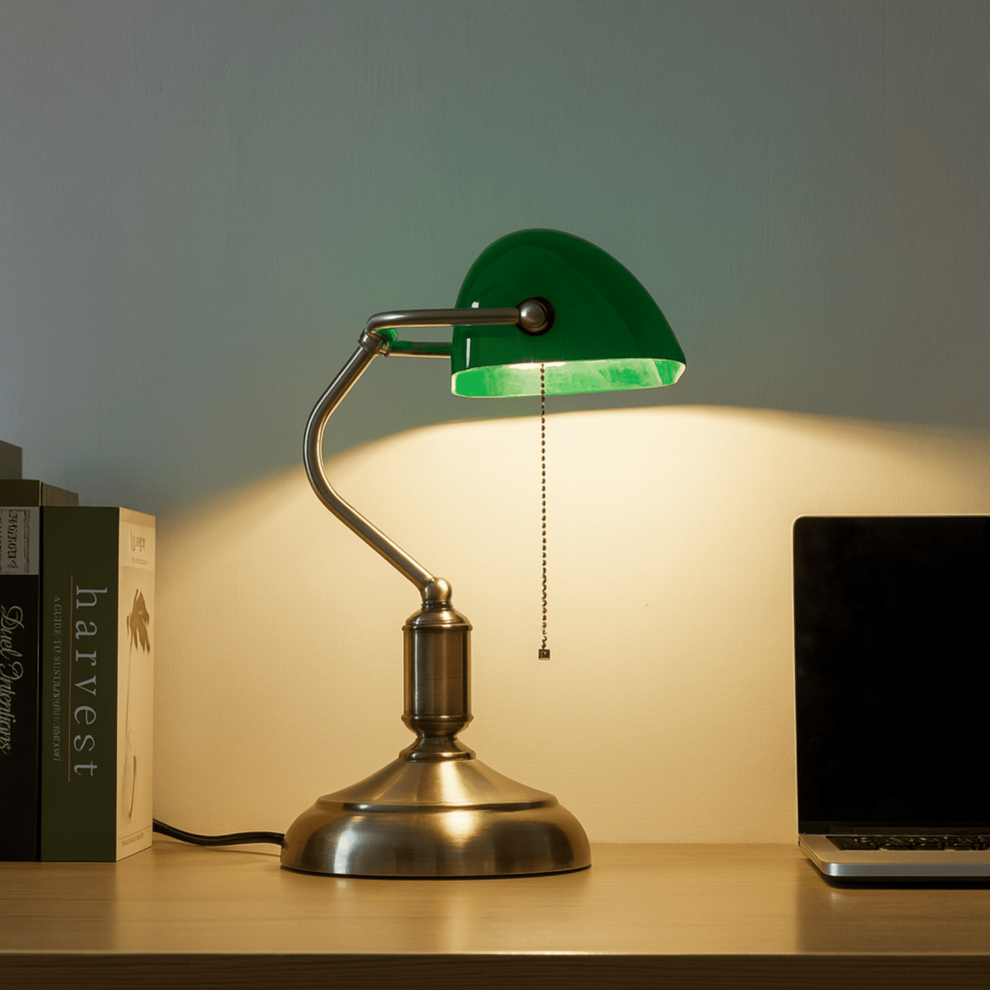 Vintage-style desk lamp with green glass shade on a wooden surface next to a laptop and book.