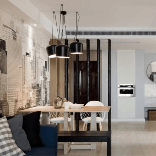 Modern dining area with a table, chairs, and decorative elements in a stylish interior.