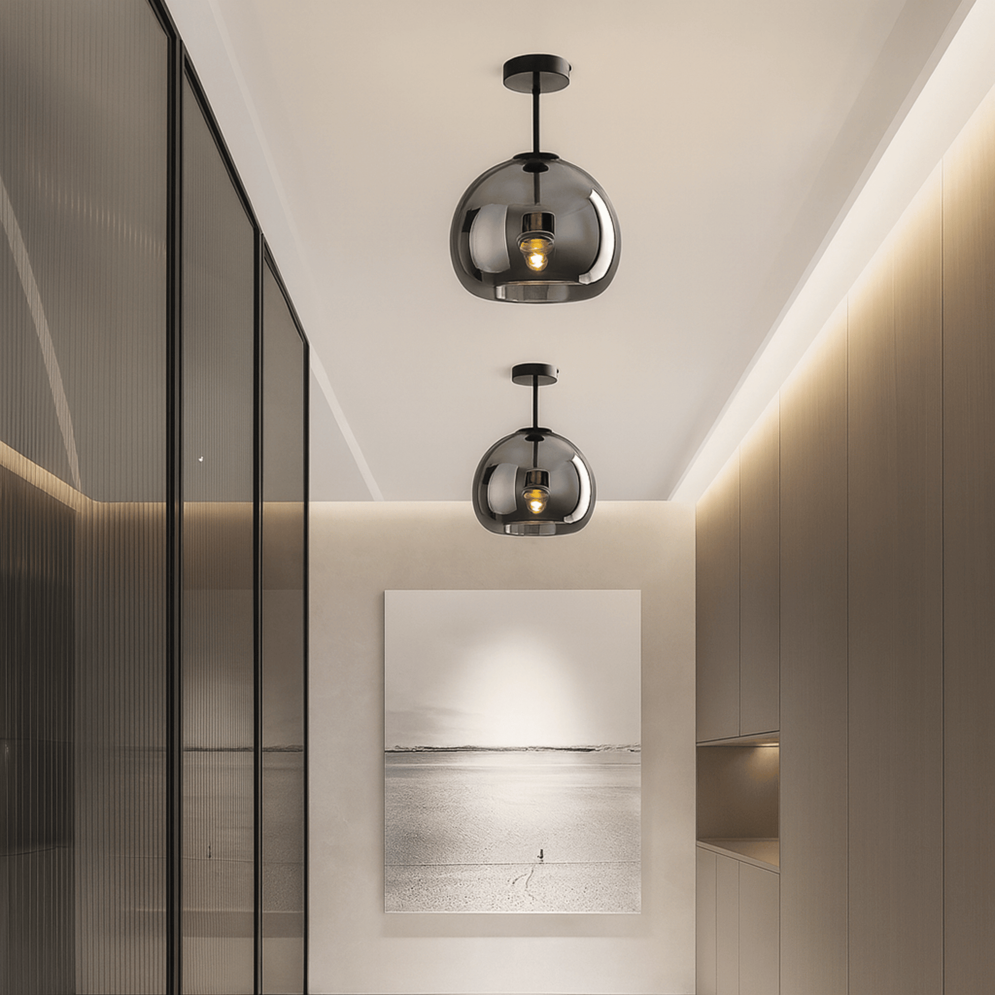 Modern interior with pendant lights and a painting on a wall.