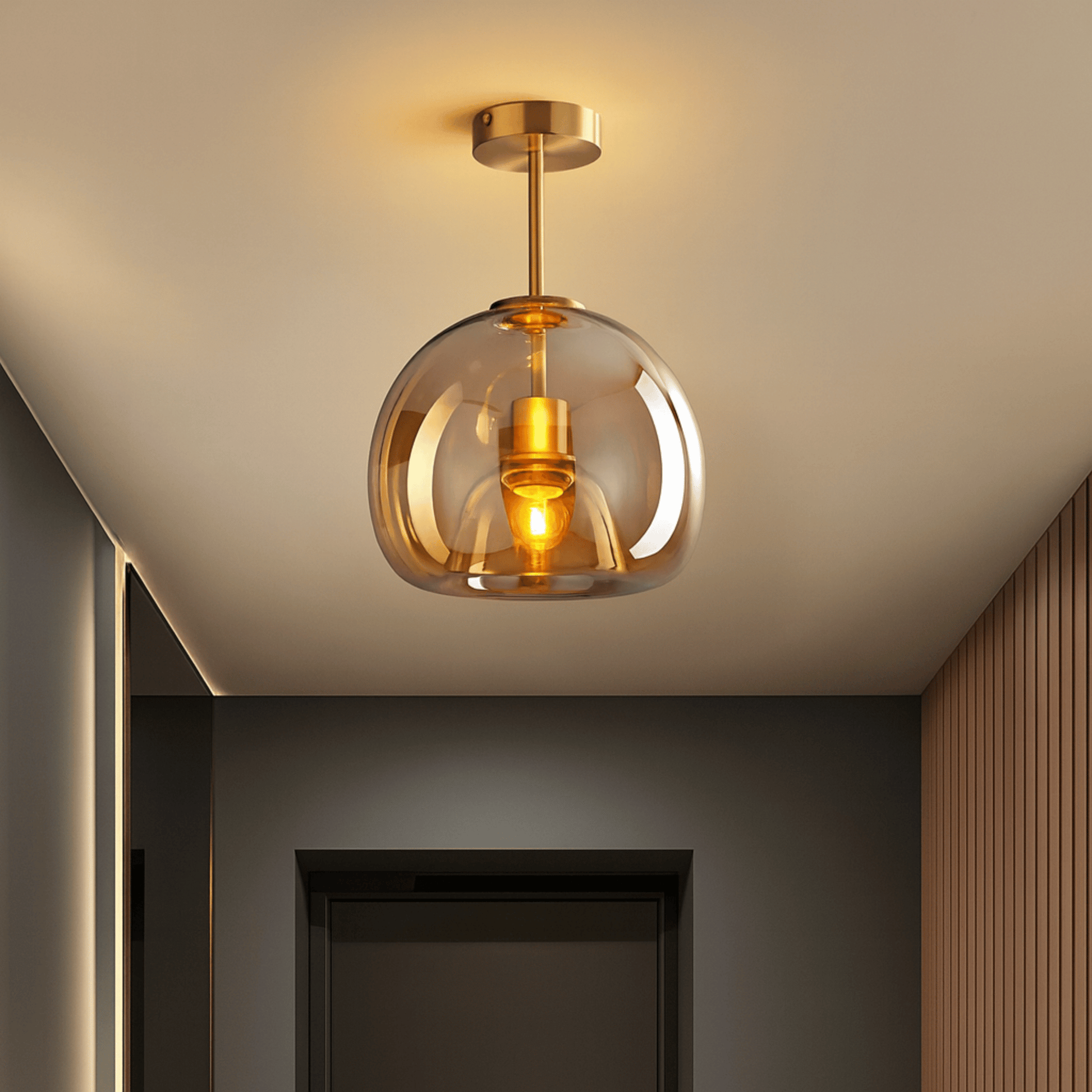 Modern ceiling light fixture with glass shade and gold accents in a room setting.