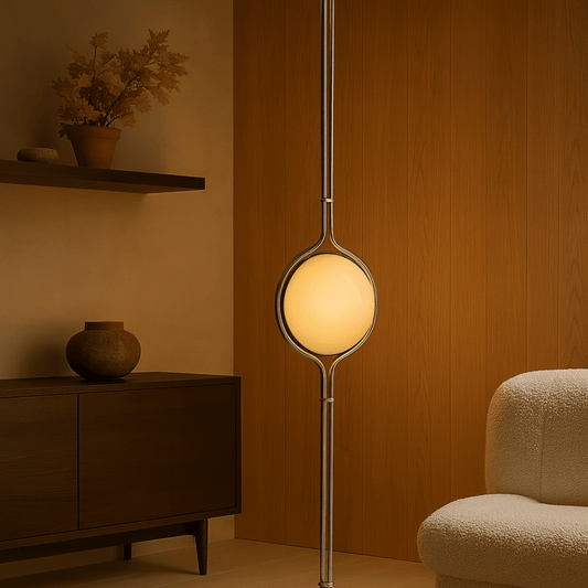 Modern floor lamp with a round glass shade in a warm-toned room.