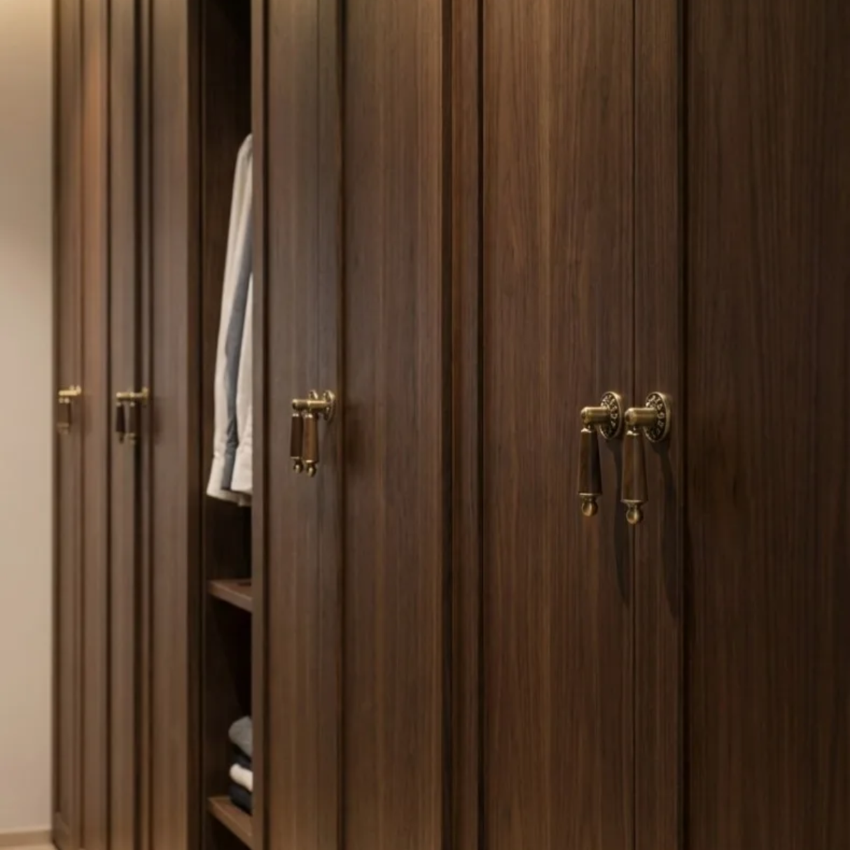 Wooden wardrobe with brass handles in a room setting