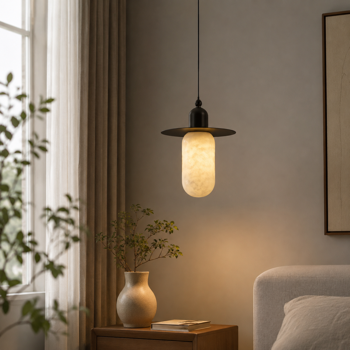 Modern pendant light hanging in a room with a window, plant, and sofa.