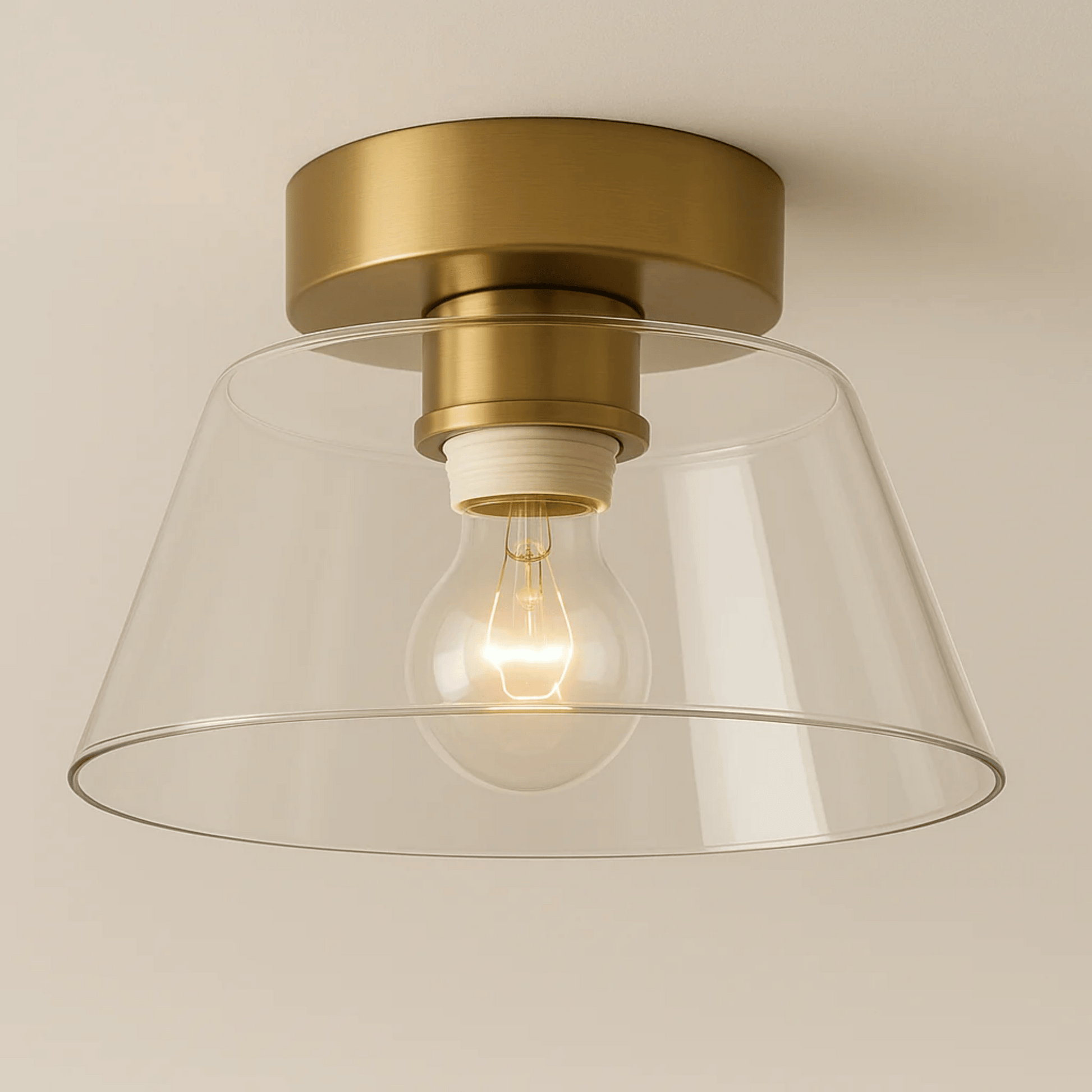 Ceiling light fixture with gold finish and clear glass shade on a neutral background