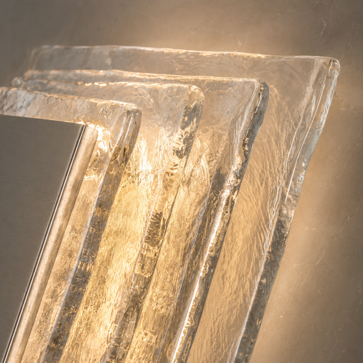 Close-up of a textured glass or crystal object with a warm glow.