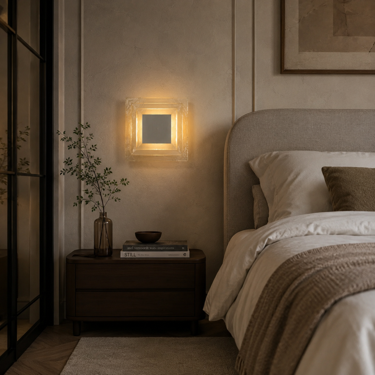 Cozy bedroom with a bed, nightstand, and wall sconce.