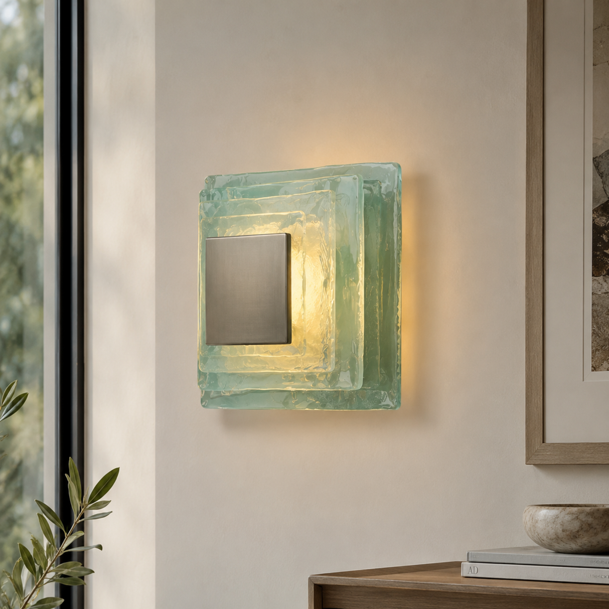 Square wall light fixture on a neutral wall with a plant and framed picture in the background