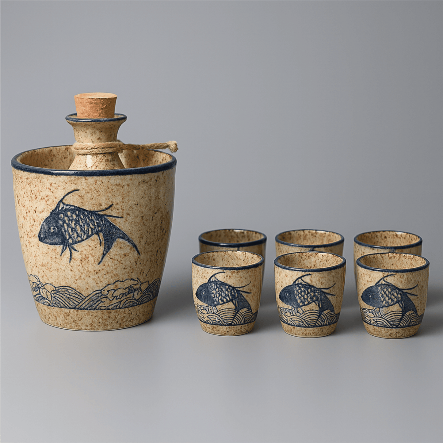 Ceramic decanter set with fish design on a gray background