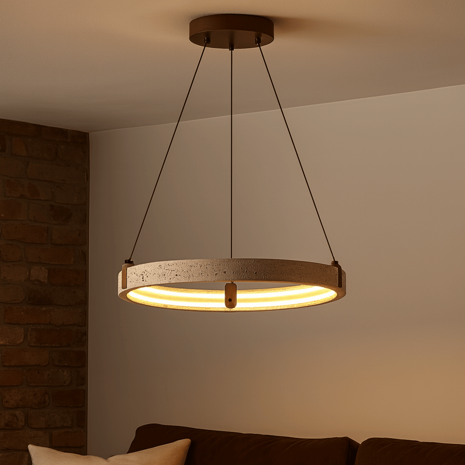 Modern pendant light hanging in a room with a neutral wall and brown sofa.