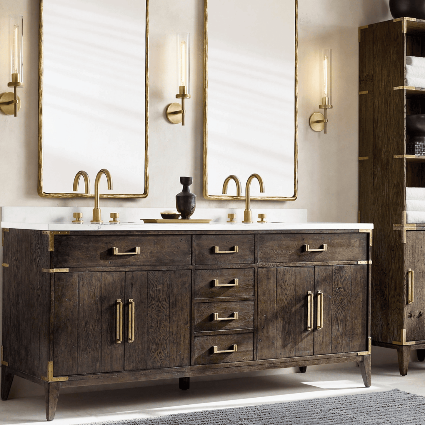 Bathroom vanity with dual sinks, mirrors, and decorative elements.