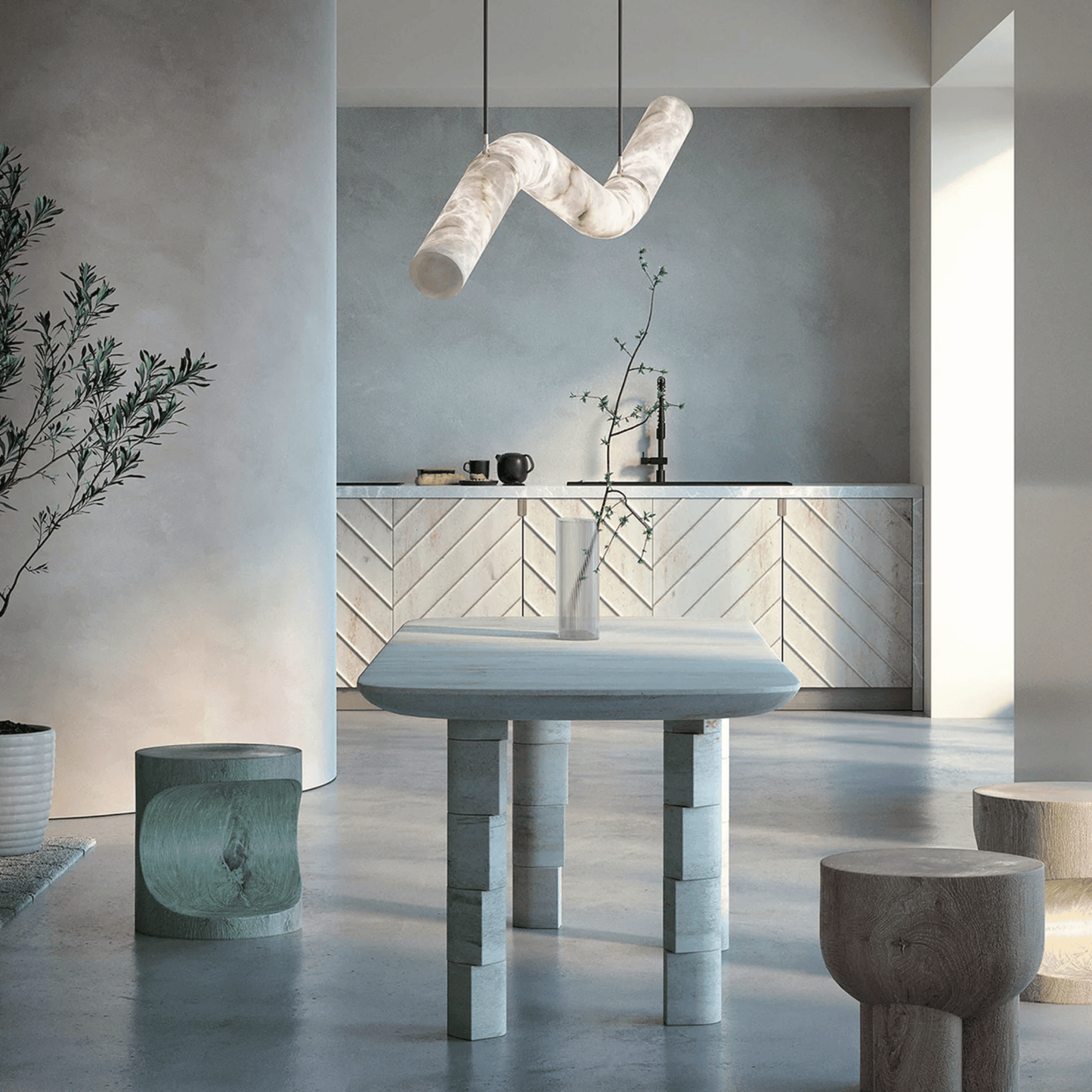 Modern interior with a marble table and geometric pendant light.