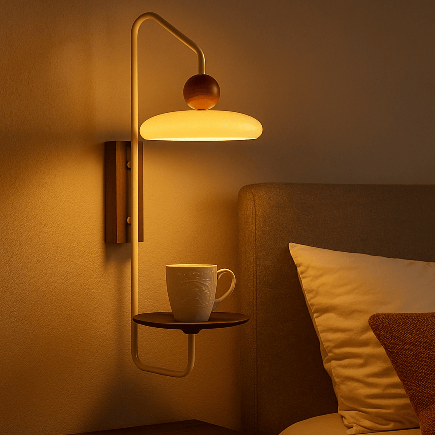 Wall-mounted lamp with a cup on a shelf in a cozy room.