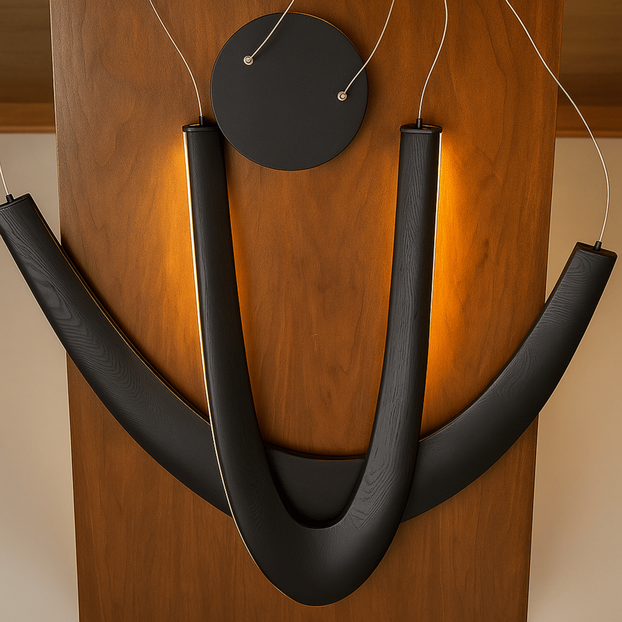 Modern wall-mounted light fixture with black curved design on a wooden panel.
