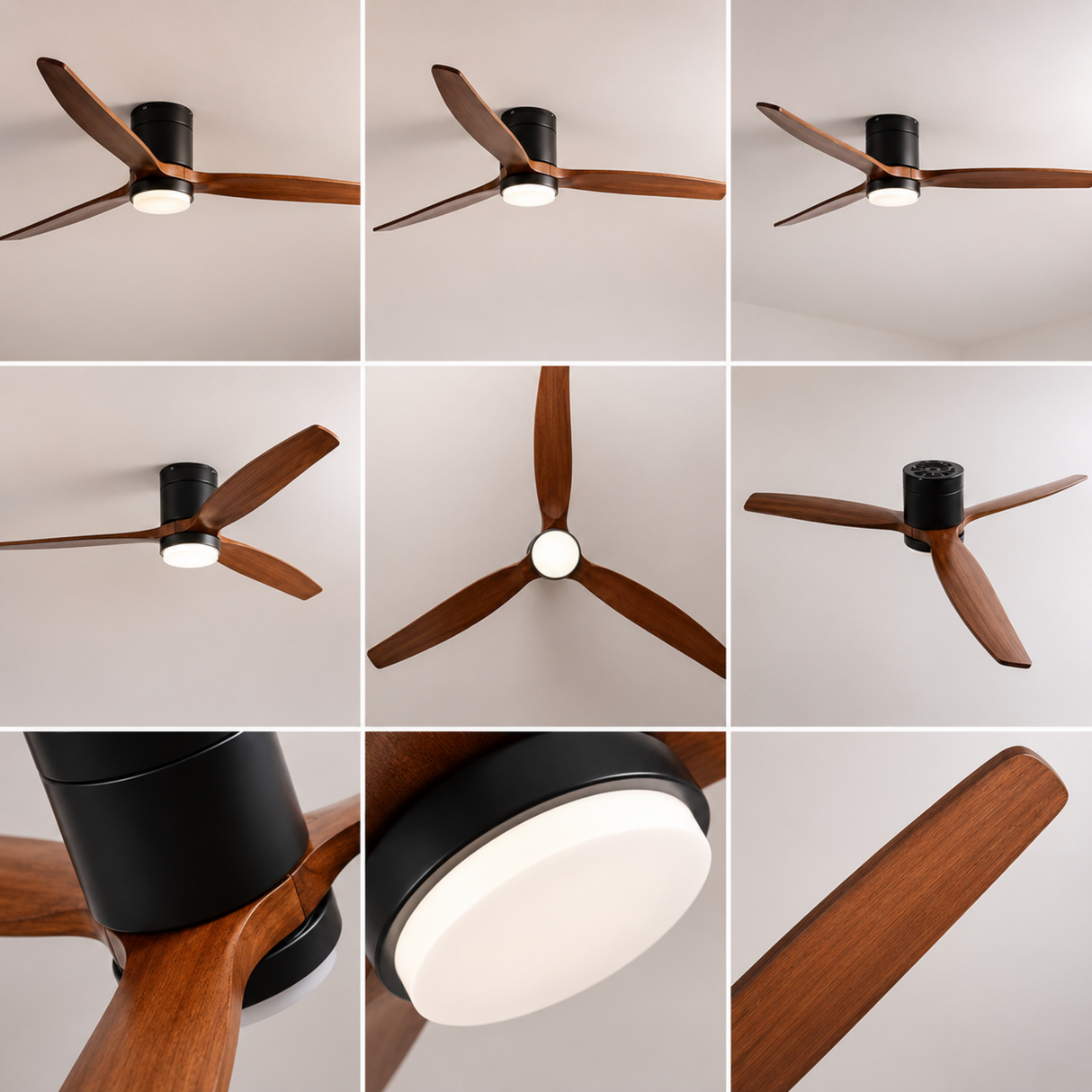 Ceiling fan with wooden blades and black light fixture on a neutral background