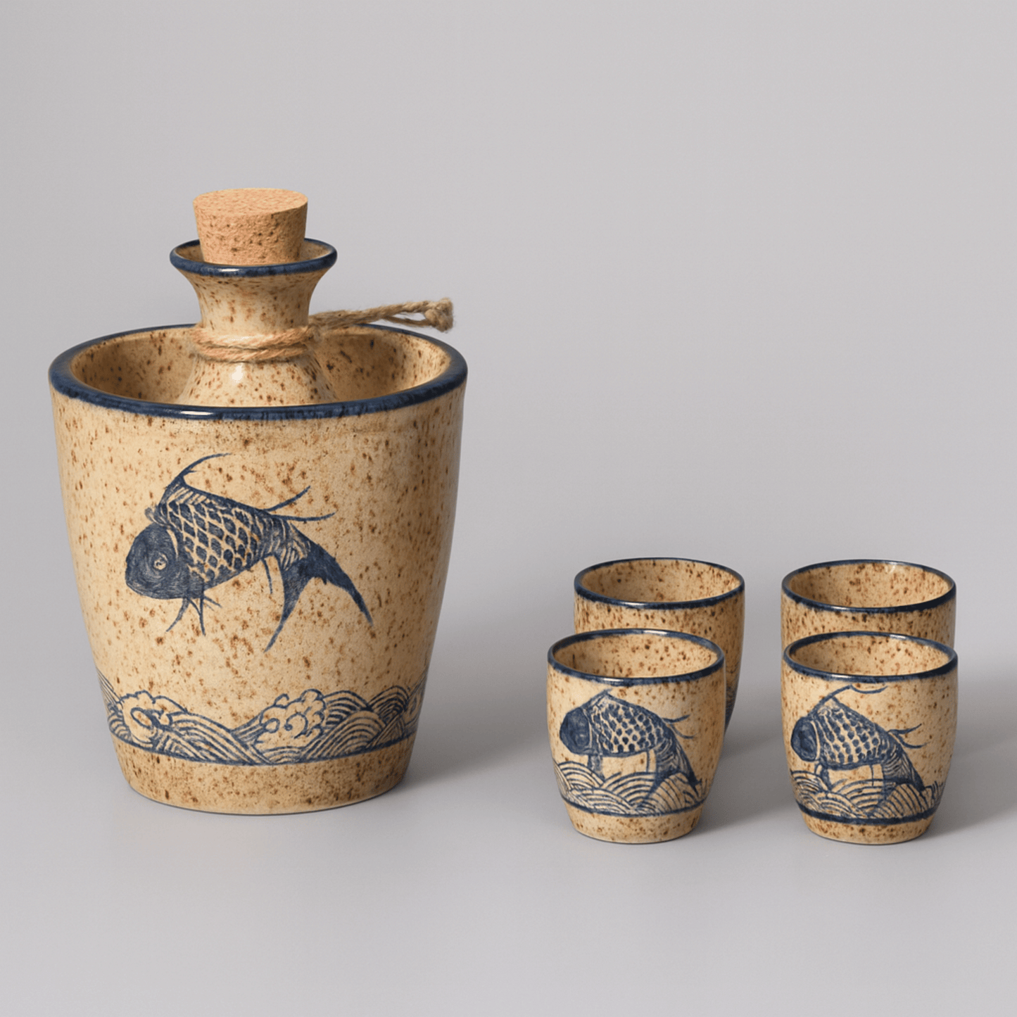 Cork-based drink set with blue fish designs on a gray background