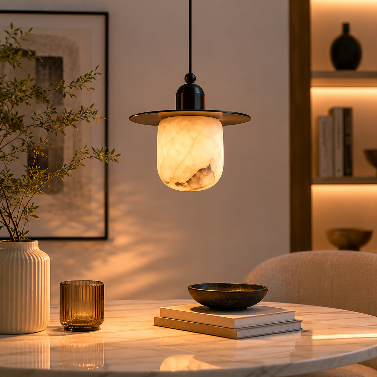Modern pendant light hanging above a table with decorative items in a cozy room setting.