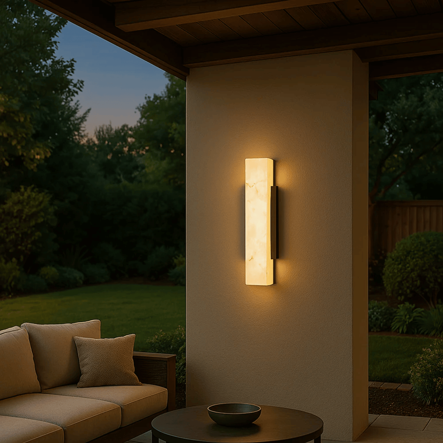 Outdoor wall light fixture on a house exterior with a garden view