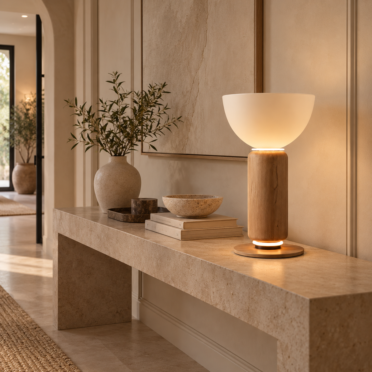 A modern table lamp with a glowing white bowl shade and a natural wood base sits on a stone console table in a warm, elegant interior setting.