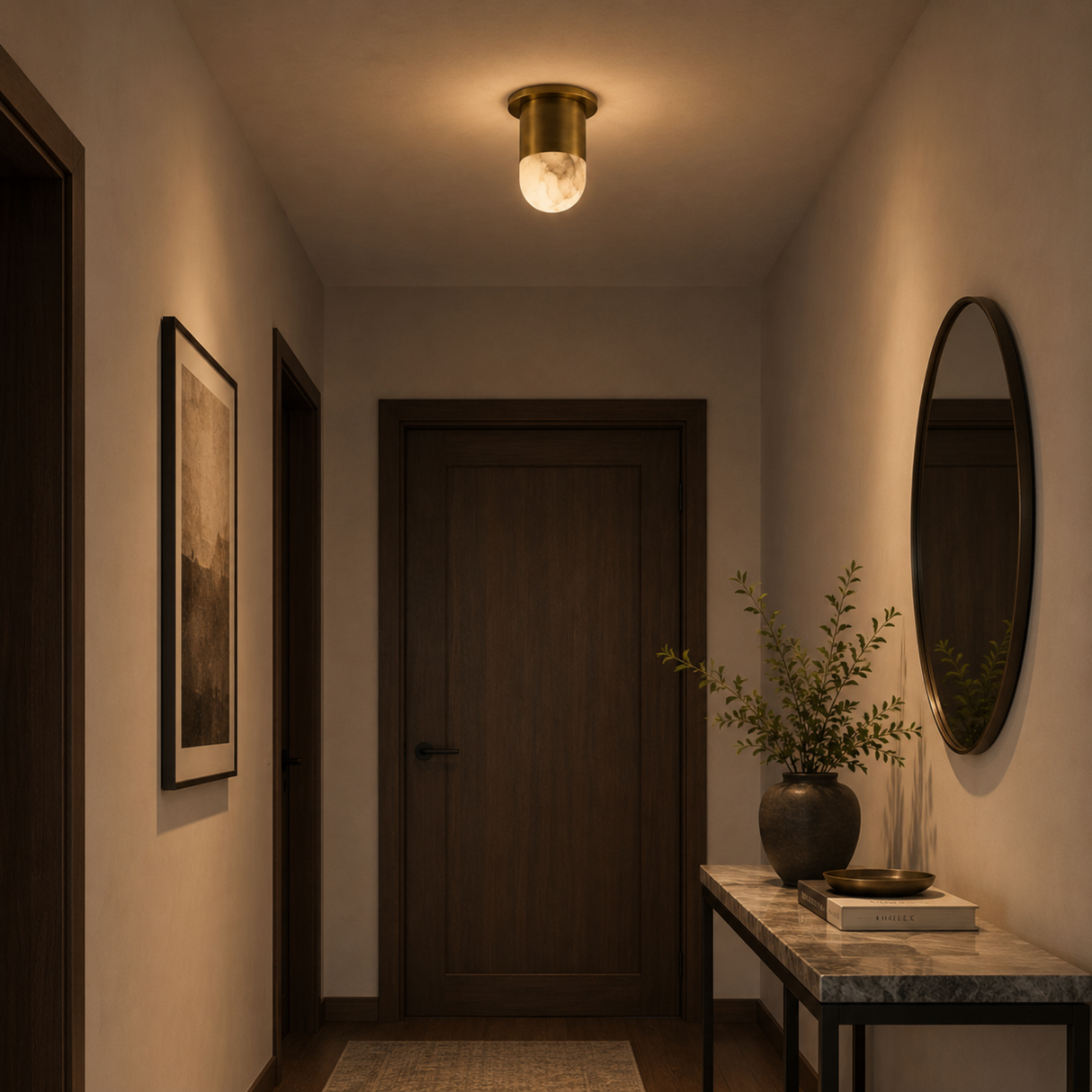 Dimly lit hallway with a door, light fixture, and decorative elements.