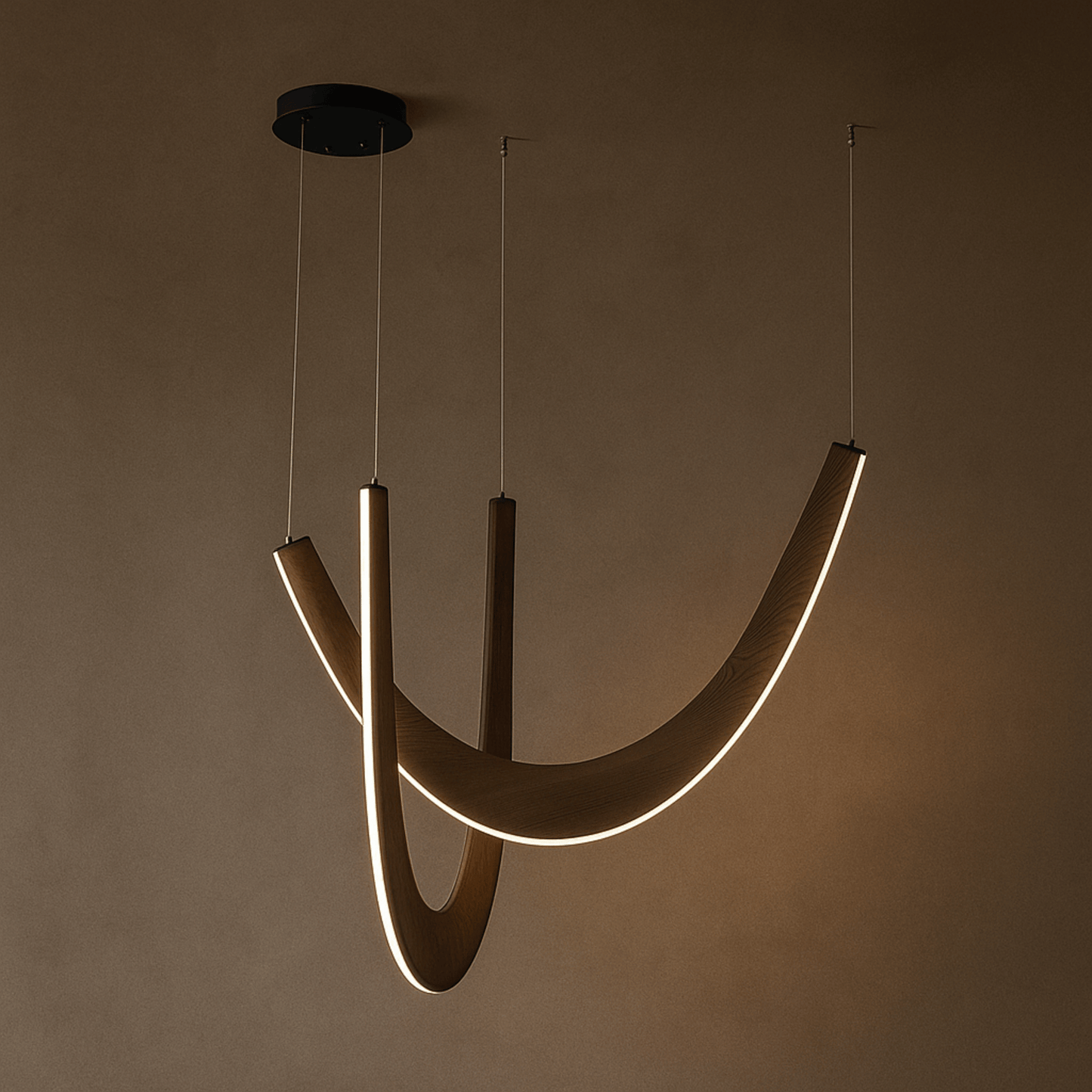 Modern pendant light with curved design on a brown background