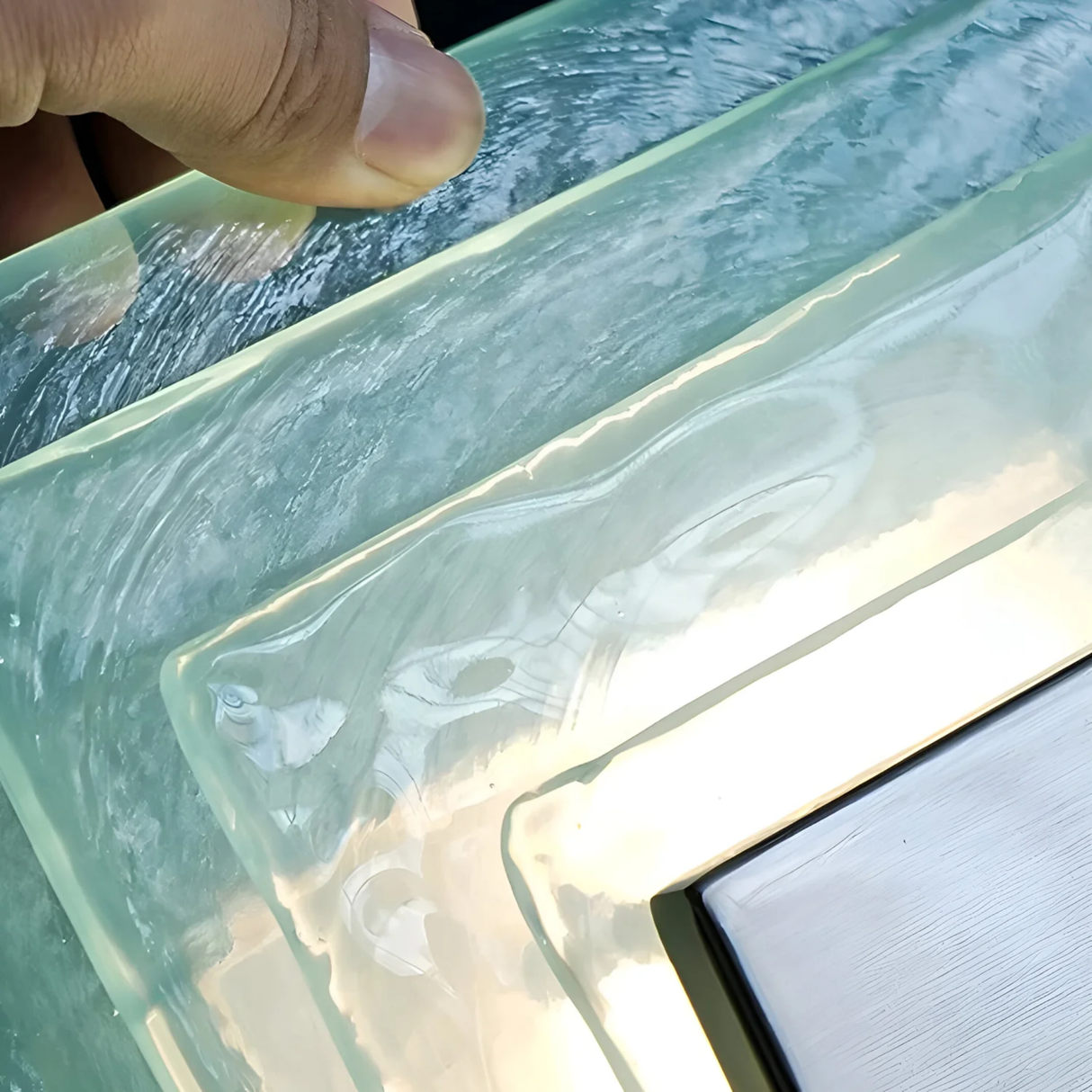 Close-up of a hand holding a piece of translucent green material with a light source underneath.