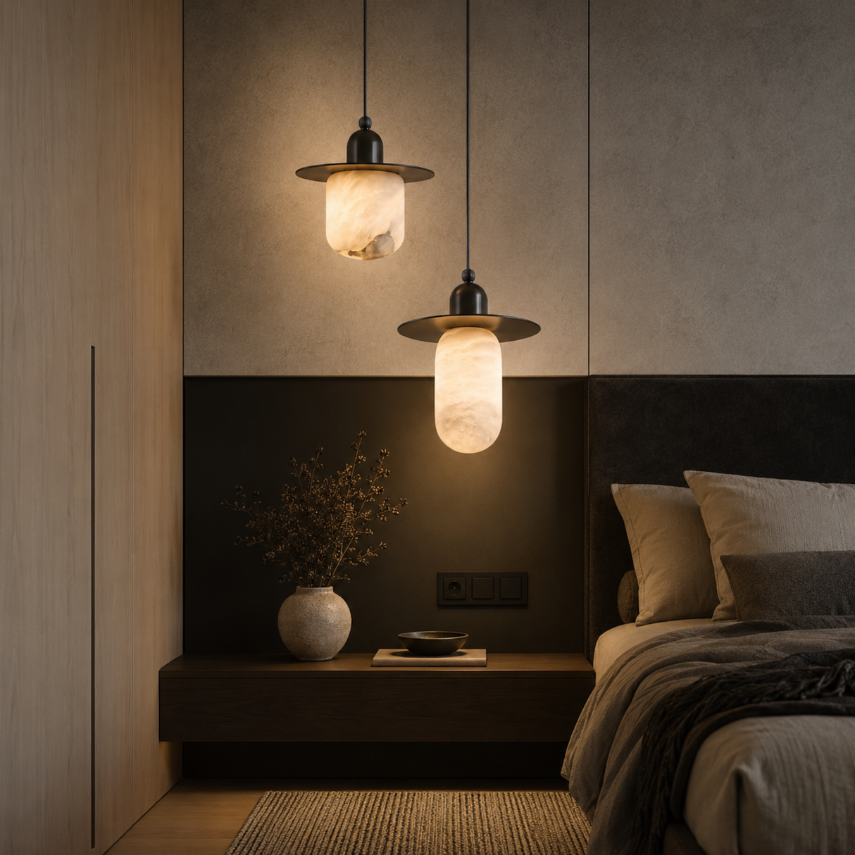 Modern bedroom with pendant lights, bed, and decorative elements.