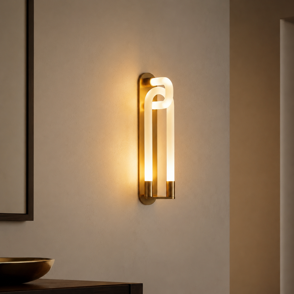 Modern wall sconce with a warm glow on a neutral wall.