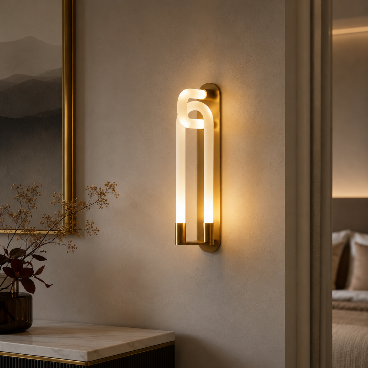 Modern wall sconce with warm light on a neutral wall in a home setting