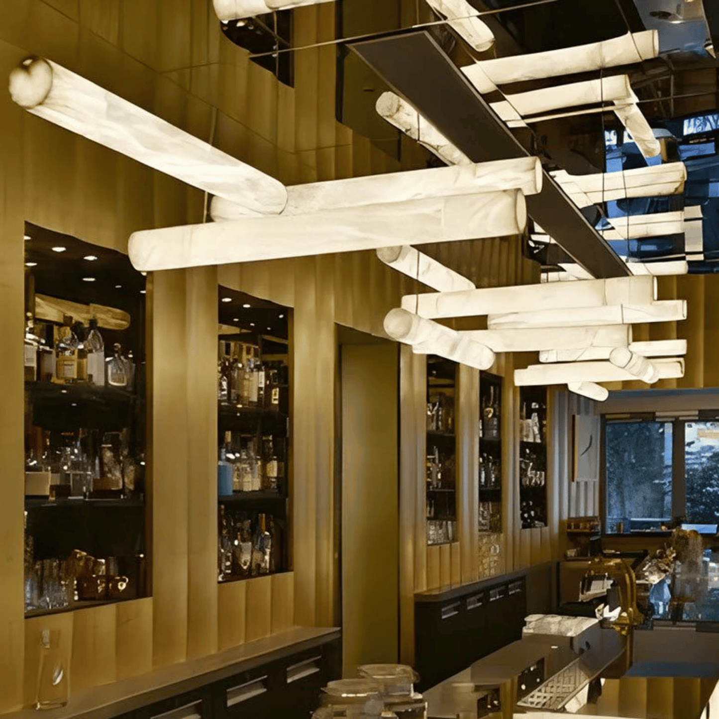 Modern chandelier in a bar setting with shelves and decor.