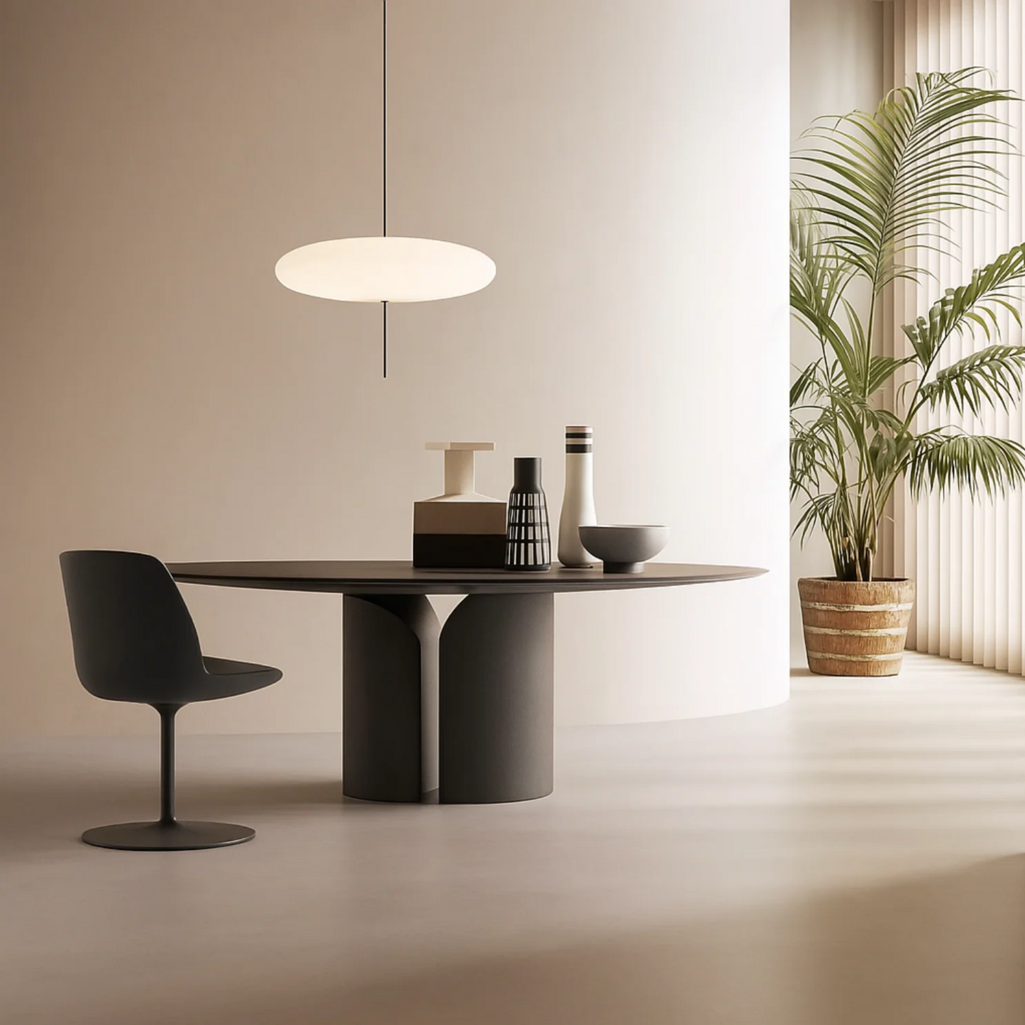 Modern dining room with a black table and chair, decorative items, and a plant.