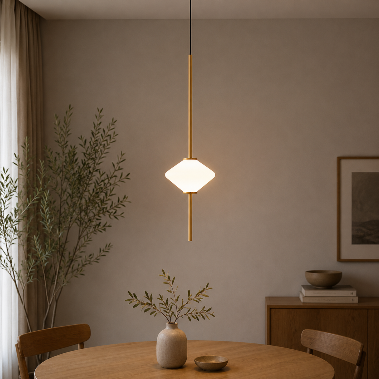 Modern pendant light hanging above a dining table with decor items.
