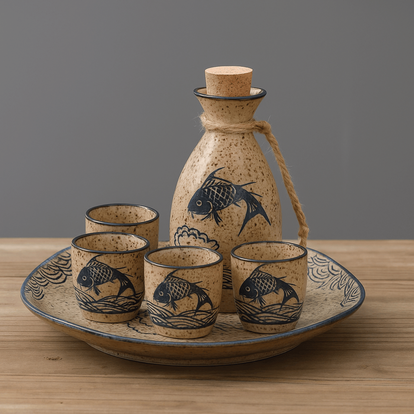 Ceramic sake set with fish design on a wooden tray against a gray background
