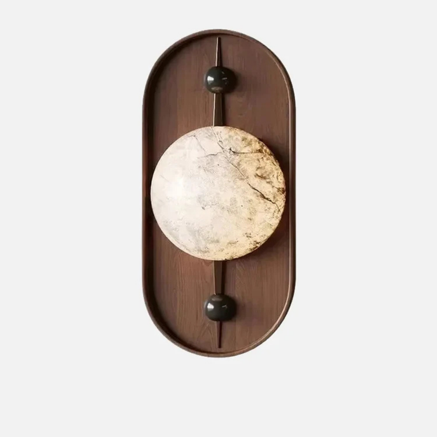 Minimalist wooden wall sconce with round marble-style light and black accent knobs.