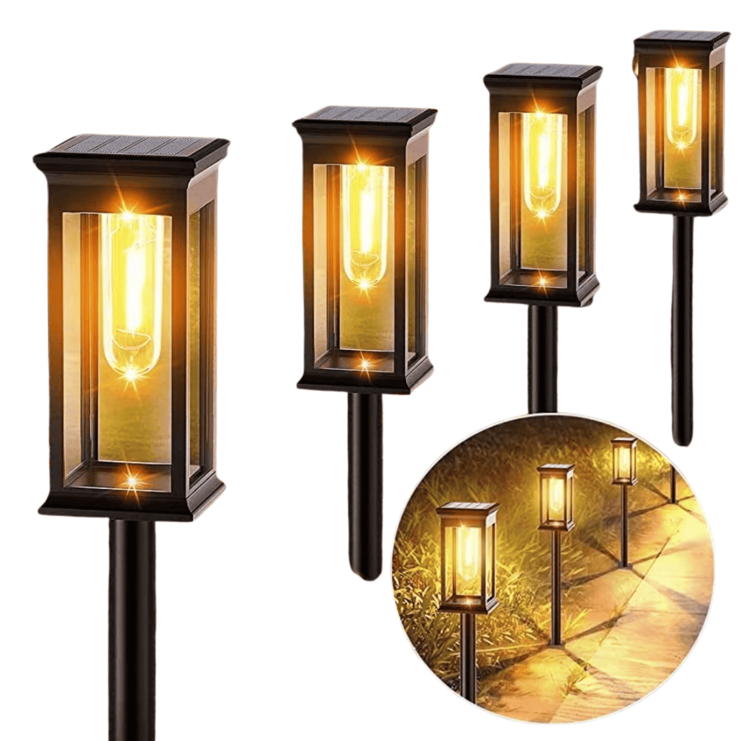 Set of four solar-powered outdoor lights with a close-up inset showing their glow on a path.