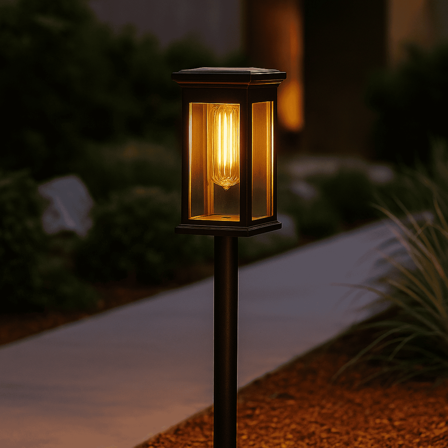 Solar-powered outdoor lamp with warm glow on a garden path