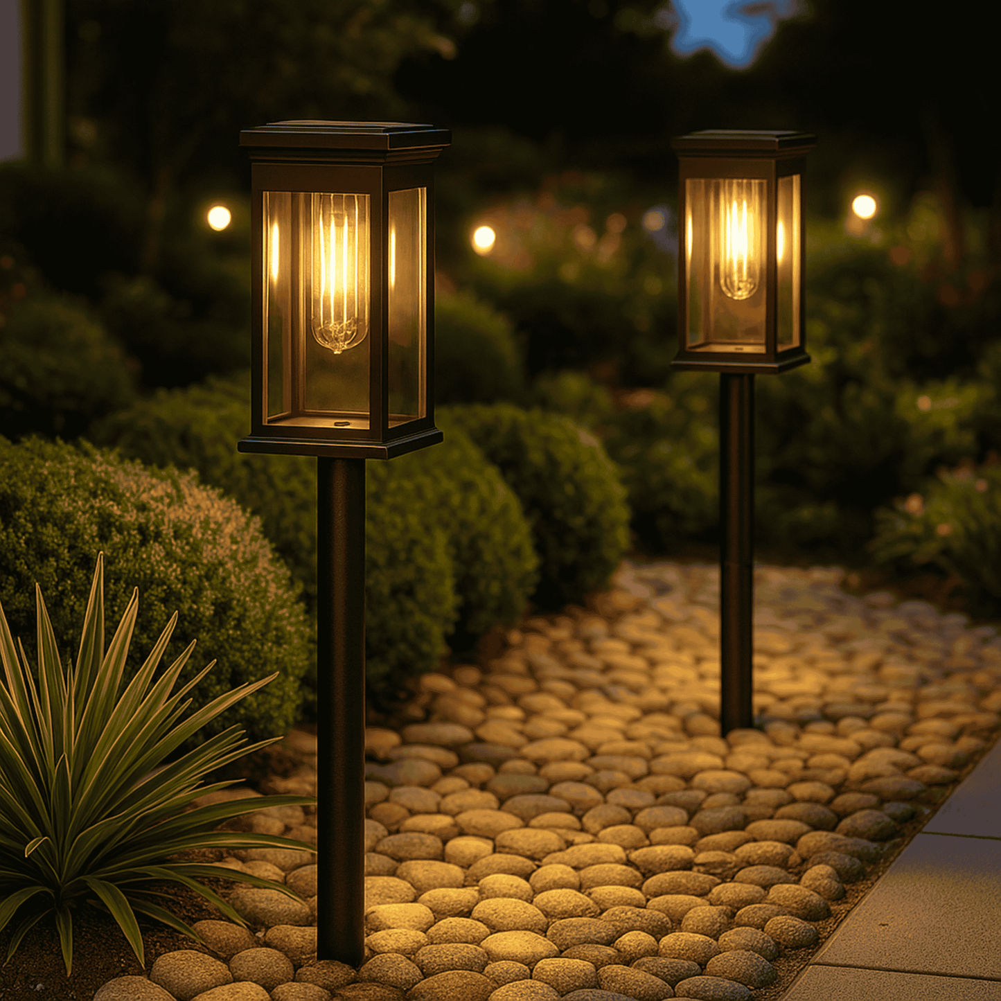 Two garden lights on stakes illuminating a stone pathway at night.