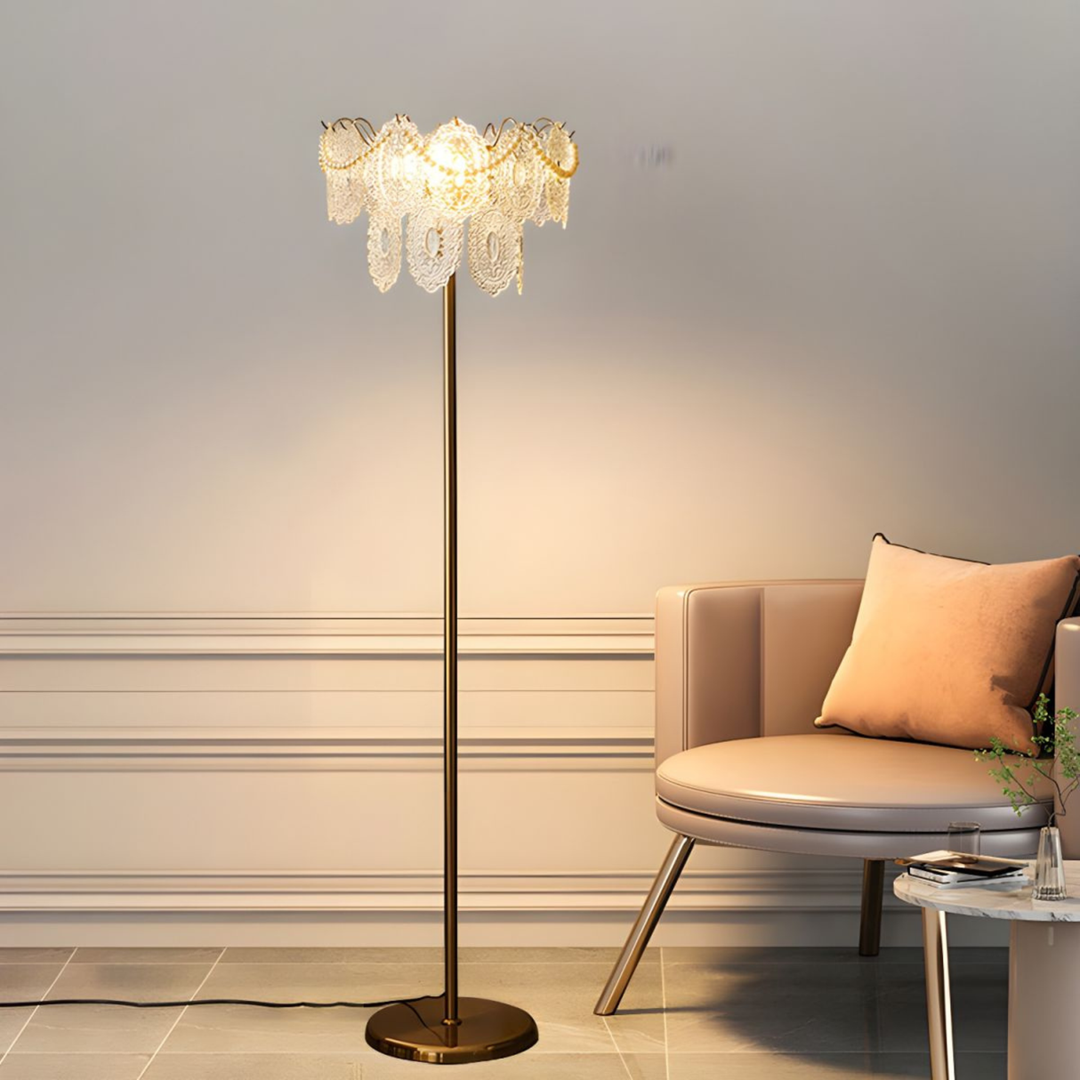 A cozy corner with a modern floor lamp beside a comfortable chair, creating a warm ambiance.