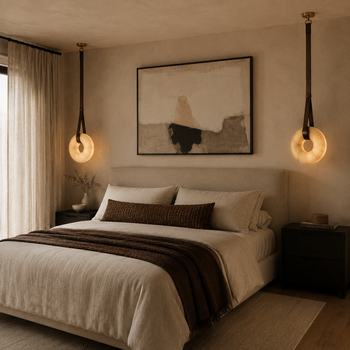 Modern bedroom with a bed, wall art, and pendant lights.