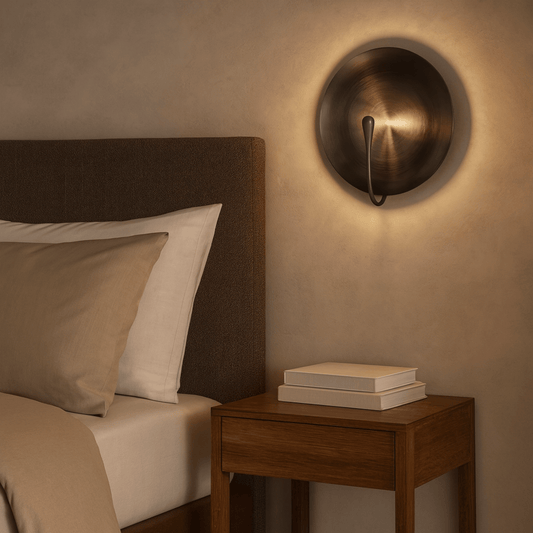 Bedroom with a bed, nightstand, and wall sconce.