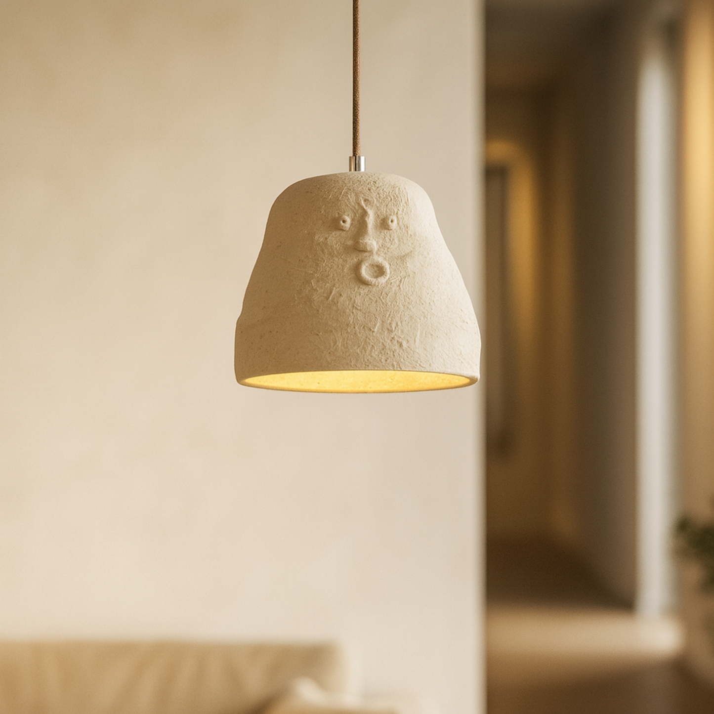 Textured pendant light with a face design in a softly blurred room setting