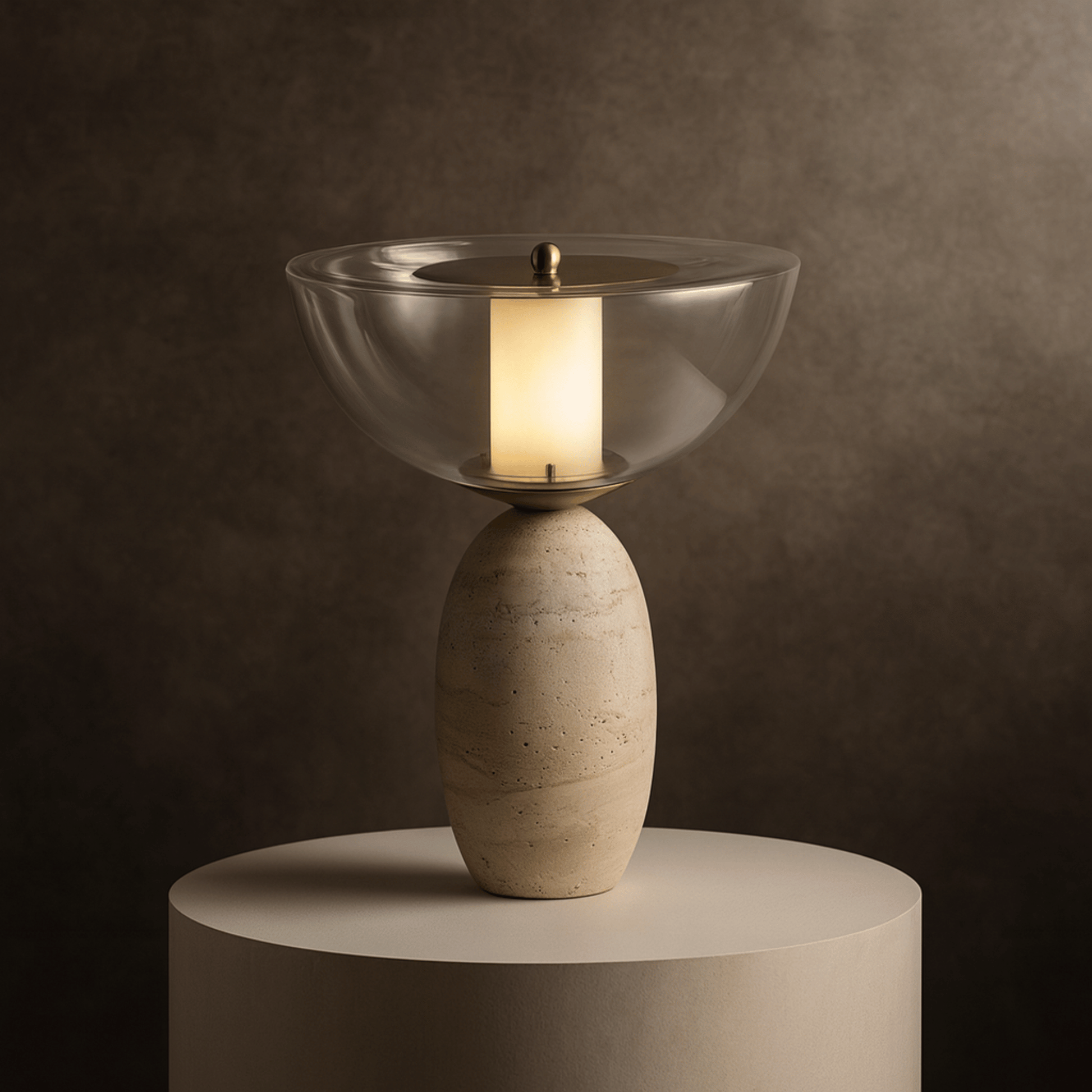 Decorative lamp with glass shade and stone base on a round platform against a dark background