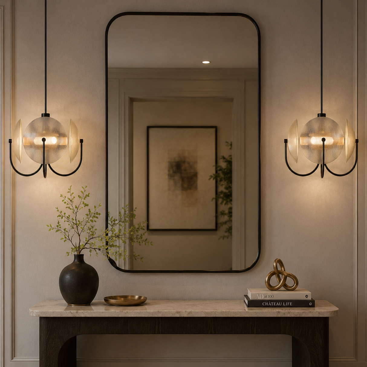 Modern interior design with a mirror, table, and decorative items.
