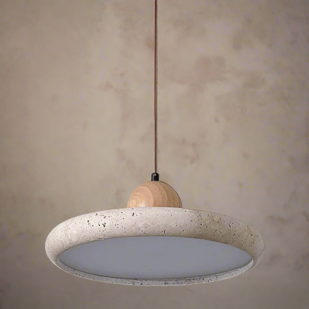 Pendant light with concrete-like shade and wooden fixture on a white background