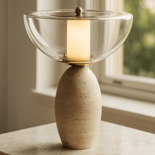 Ceramic table lamp with glass shade on a surface near a window