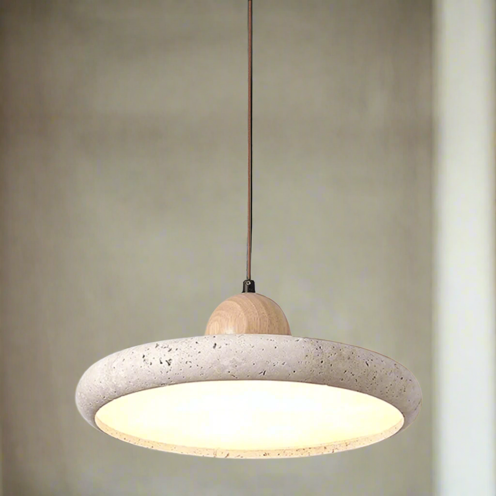 Pendant light with concrete-like shade and wooden fixture on a white background