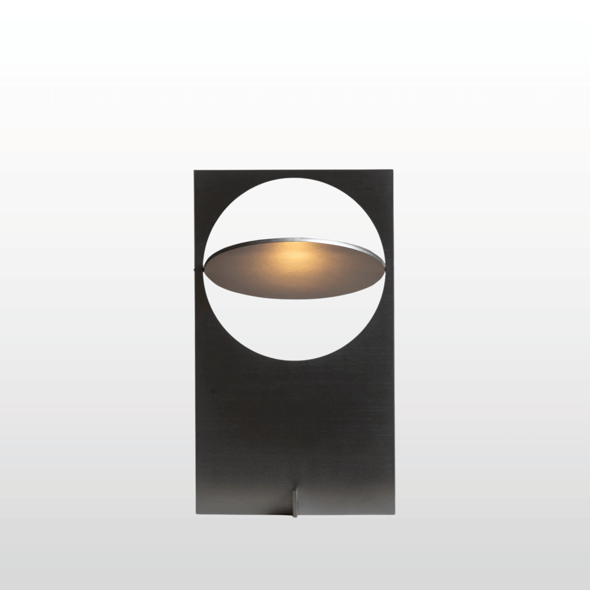Modern wall light fixture with a black frame and circular design on a white background