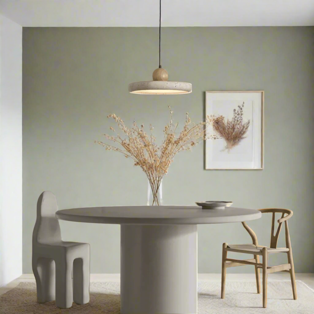 Modern dining area with a round table and chairs against a neutral wall.