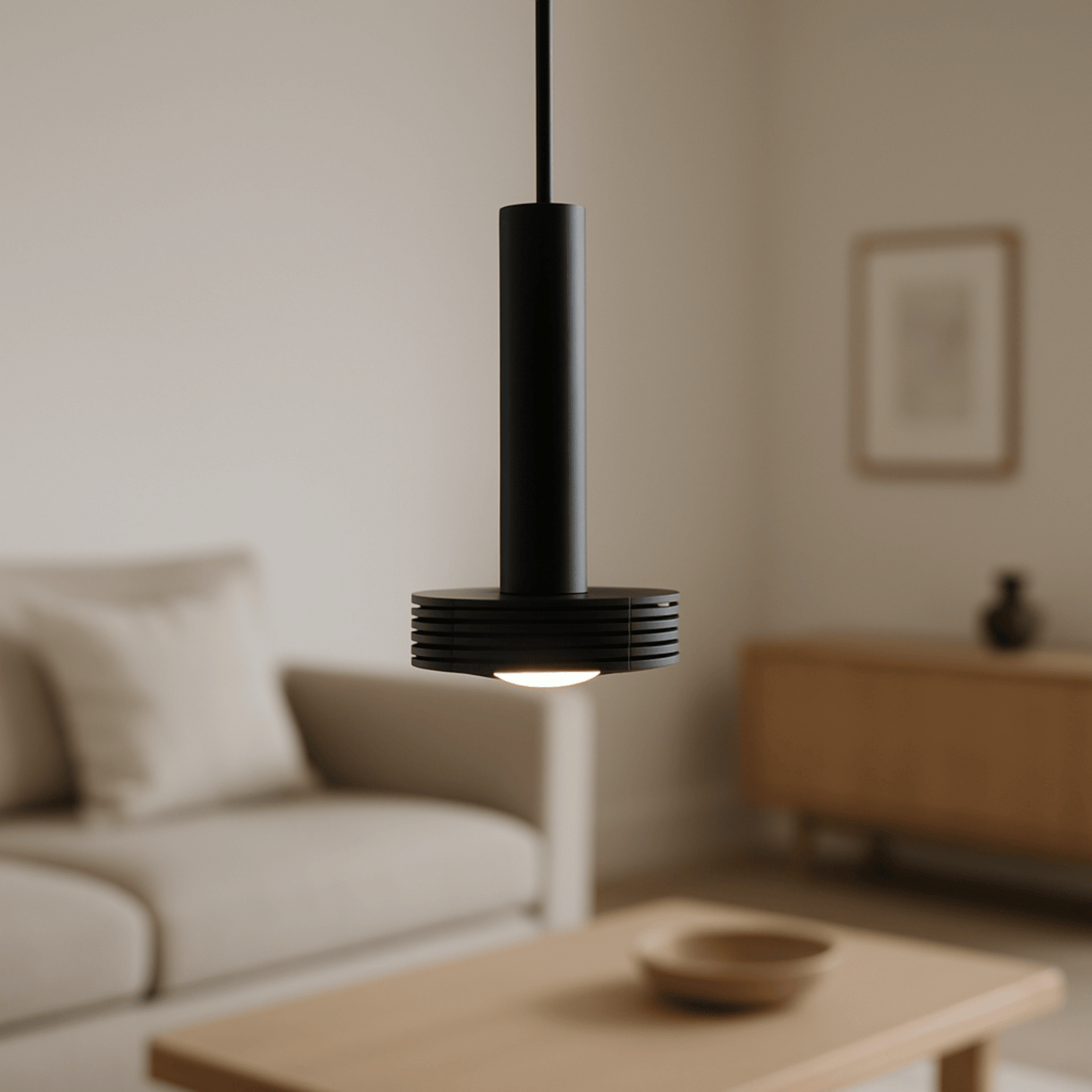 Black pendant light hanging in a living room with blurred background