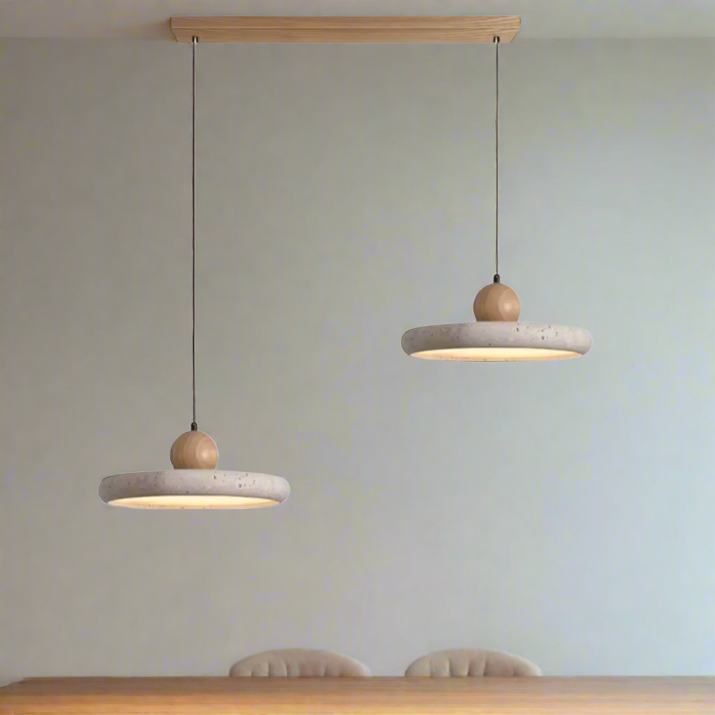 Two pendant lights with wooden and concrete design on a white background