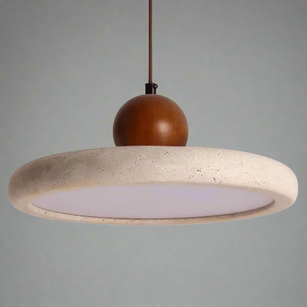 Pendant light with beige concrete shade and brown spherical fixture on a white background
